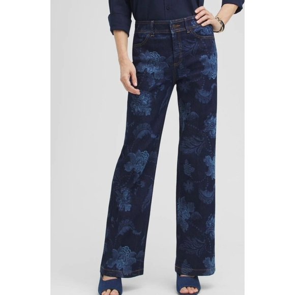 Chico's Floral Laser Print Trouser Jeans Size 10 - Picture 1 of 14